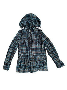 Forever 21 blue plaid grunge style zip up/button up hooded jacket